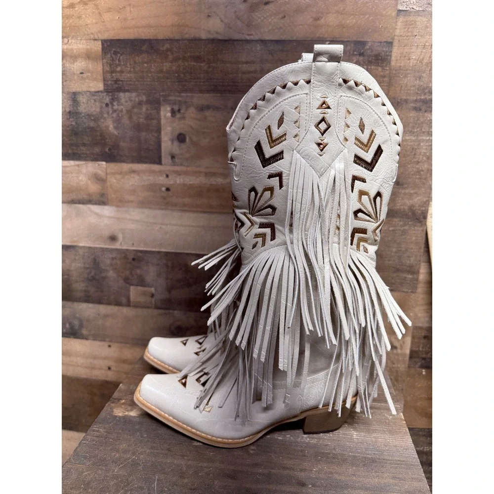 Western Fringe Embroidered Pointed Toe Cowboy‎ Boots Off White Cream Womens 7.5